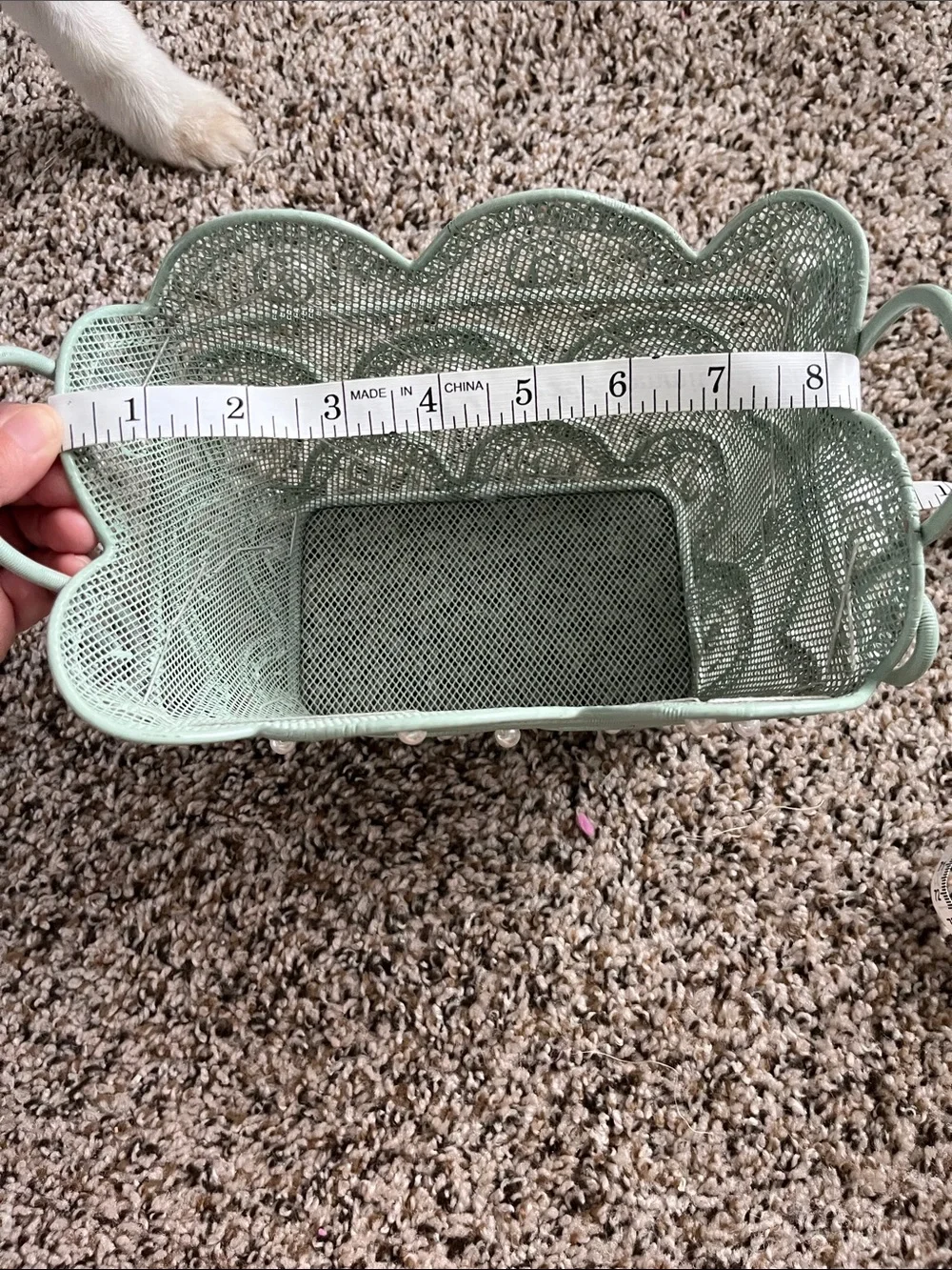 Decorative Mint Green Metal Basket with Pearl Accents